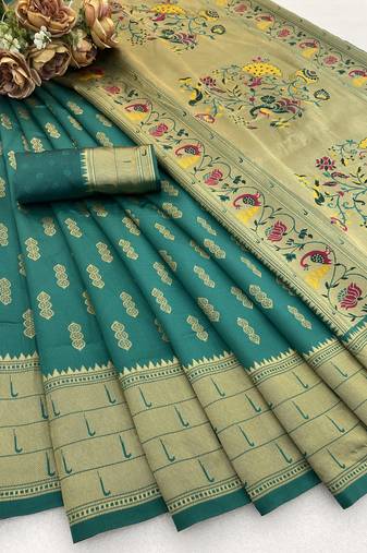 rama silk blend banarasi jacuard work festive saree with unstitched blouse piece