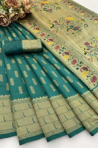 rama silk blend banarasi jacuard work festive saree with unstitched blouse piece