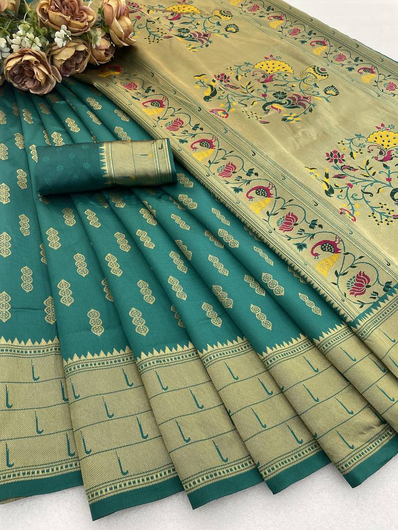 rama silk blend banarasi jacuard work festive saree with unstitched blouse piece