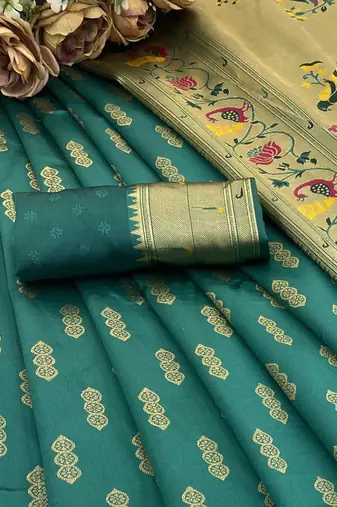 rama silk blend banarasi jacuard work festive saree with unstitched blouse piece