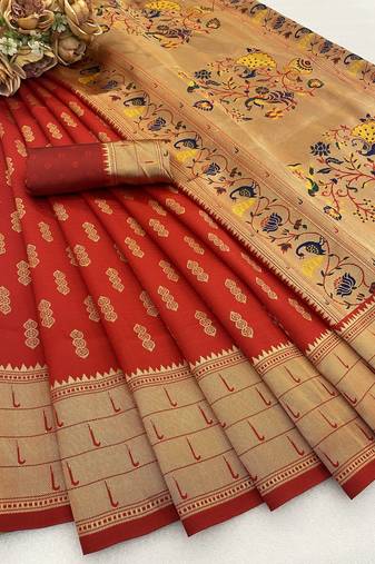 red silk blend banarasi jacuard work festive saree with unstitched blouse piece