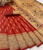 red silk blend banarasi jacuard work festive saree with unstitched blouse piece