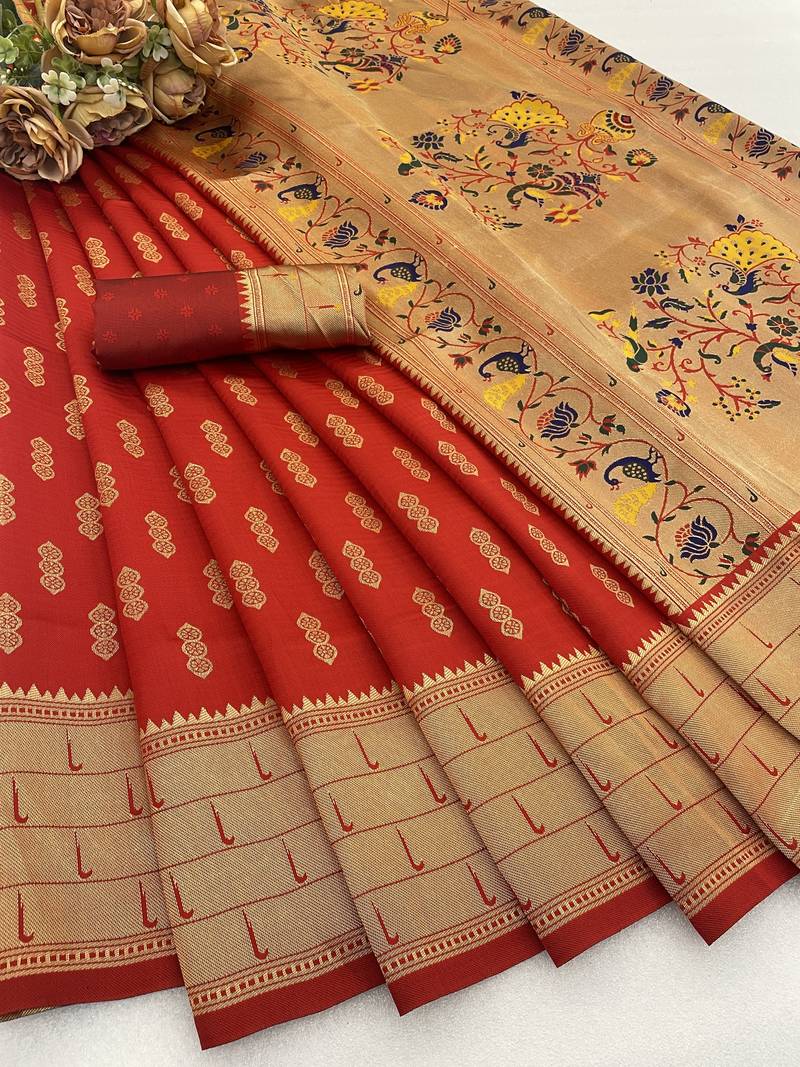 red silk blend banarasi jacuard work festive saree with unstitched blouse piece