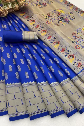 royal blue silk blend banarasi jacuard work festive saree with unstitched blouse piece