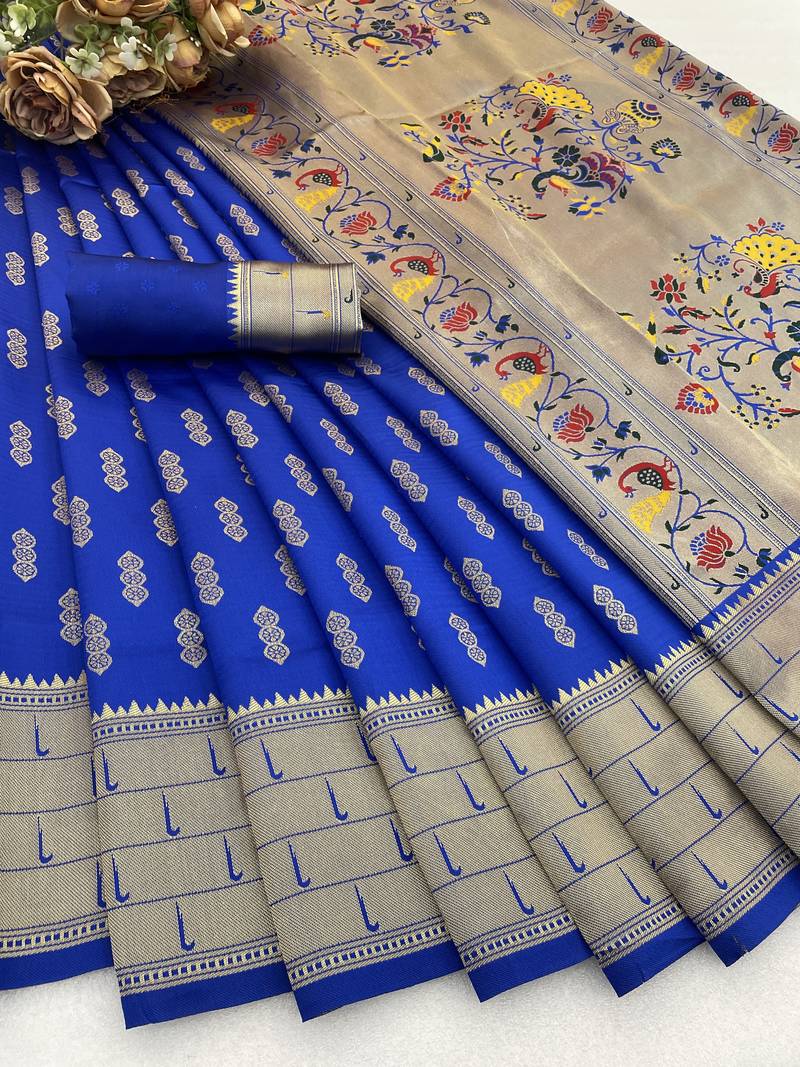 royal blue silk blend banarasi jacuard work festive saree with unstitched blouse piece