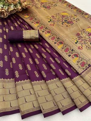 wine silk blend banarasi jacuard work festive saree with unstitched blouse piece 1