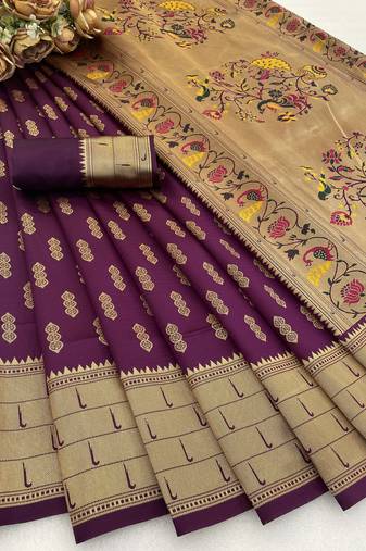 wine silk blend banarasi jacuard work festive saree with unstitched blouse piece