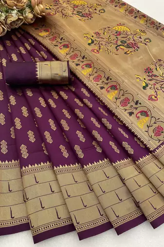 wine silk blend banarasi jacuard work festive saree with unstitched blouse piece