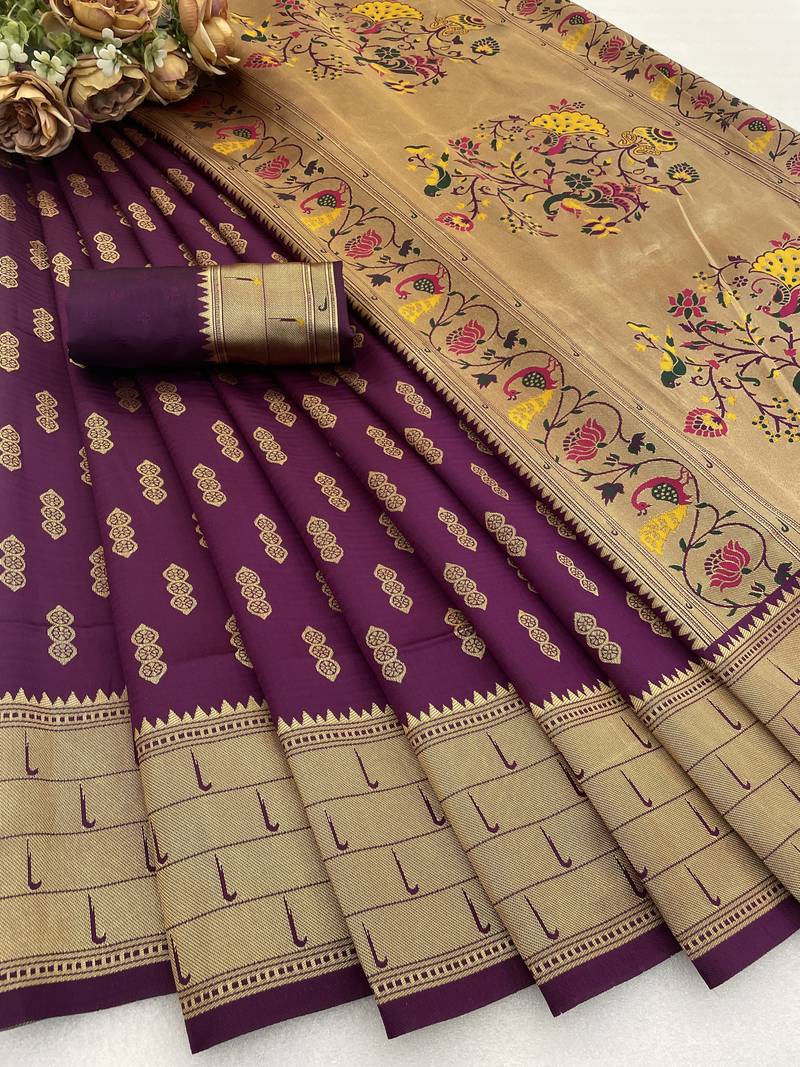 wine silk blend banarasi jacuard work festive saree with unstitched blouse piece