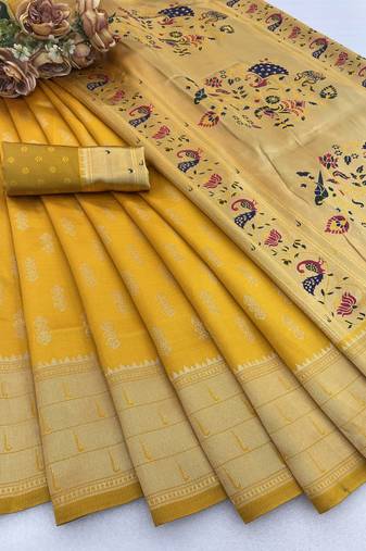 yellow silk blend banarasi jacuard work festive saree with unstitched blouse piece