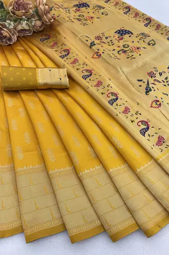 yellow silk blend banarasi jacuard work festive saree with unstitched blouse piece