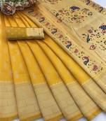 yellow silk blend banarasi jacuard work festive saree with unstitched blouse piece