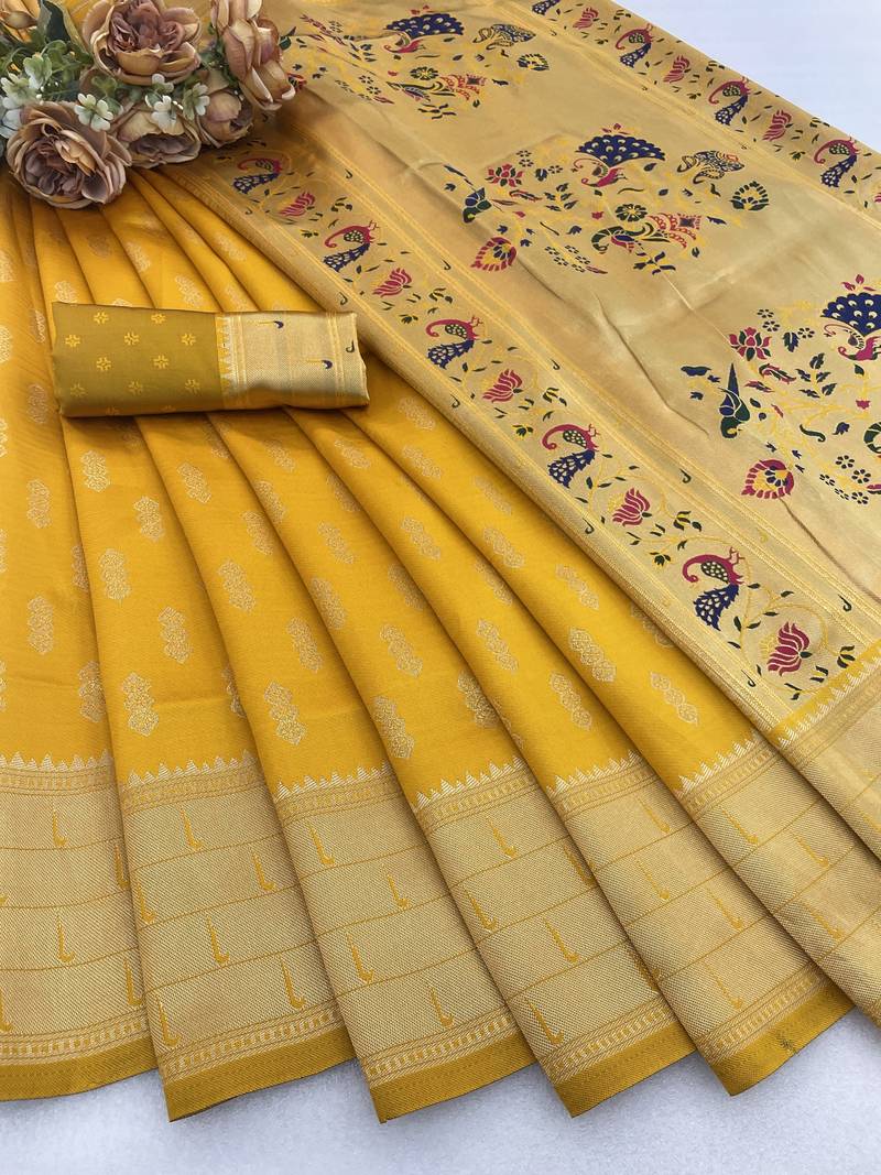 yellow silk blend banarasi jacuard work festive saree with unstitched blouse piece