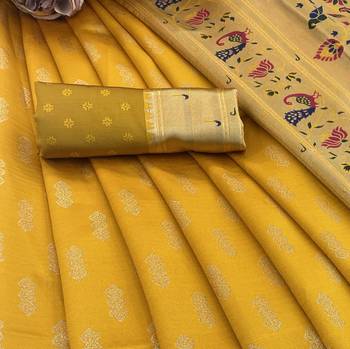 yellow silk blend banarasi jacuard work festive saree with unstitched blouse piece 2