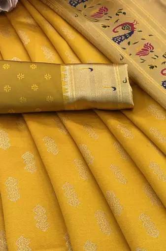yellow silk blend banarasi jacuard work festive saree with unstitched blouse piece