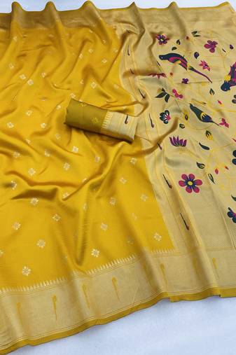 yellow silk blend banarasi jacuard work festive saree with unstitched blouse piece