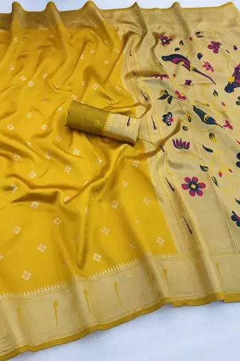 yellow silk blend banarasi jacuard work festive saree with unstitched blouse piece