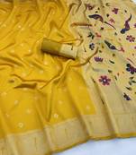 yellow silk blend banarasi jacuard work festive saree with unstitched blouse piece