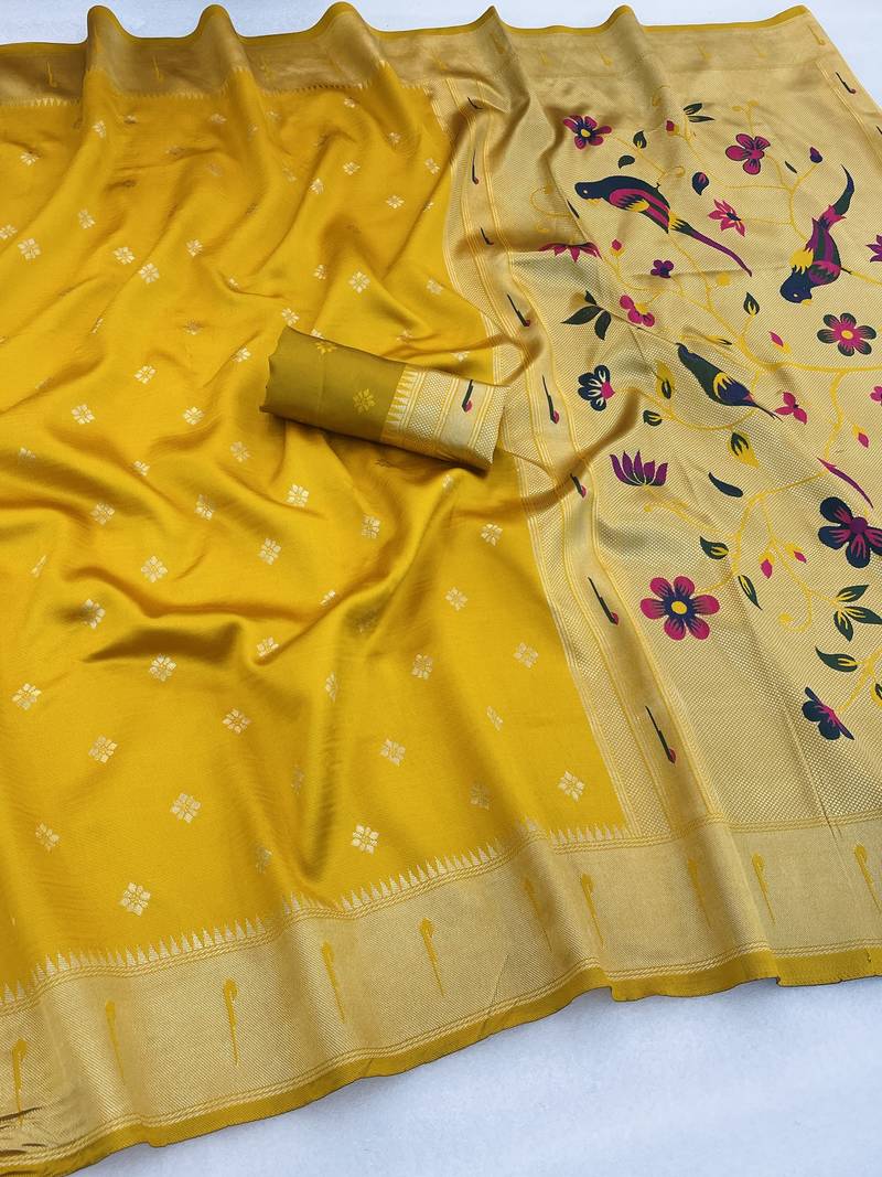 yellow silk blend banarasi jacuard work festive saree with unstitched blouse piece