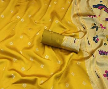 yellow silk blend banarasi jacuard work festive saree with unstitched blouse piece 2