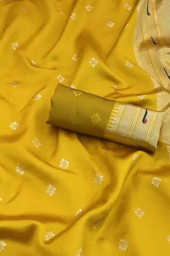 yellow silk blend banarasi jacuard work festive saree with unstitched blouse piece