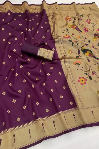 wine silk blend banarasi jacuard work festive saree with unstitched blouse piece