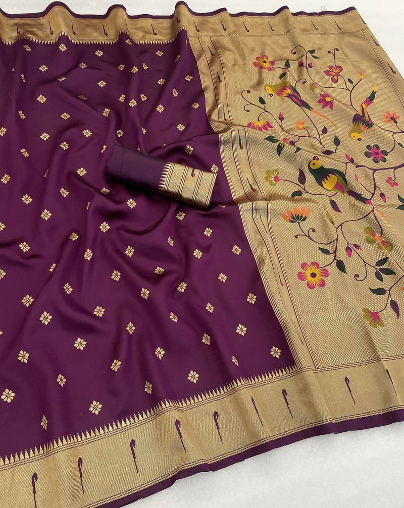 wine silk blend banarasi jacuard work festive saree with unstitched blouse piece
