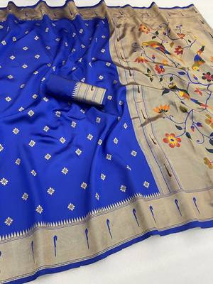royal blue silk blend banarasi jacuard work festive saree with unstitched blouse piece 1