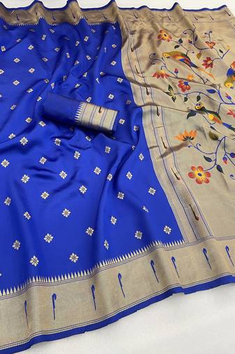 royal blue silk blend banarasi jacuard work festive saree with unstitched blouse piece