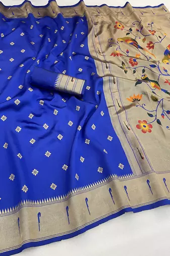 royal blue silk blend banarasi jacuard work festive saree with unstitched blouse piece
