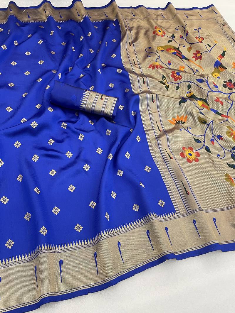 royal blue silk blend banarasi jacuard work festive saree with unstitched blouse piece