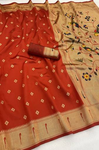 red silk blend banarasi jacuard work festive saree with unstitched blouse piece