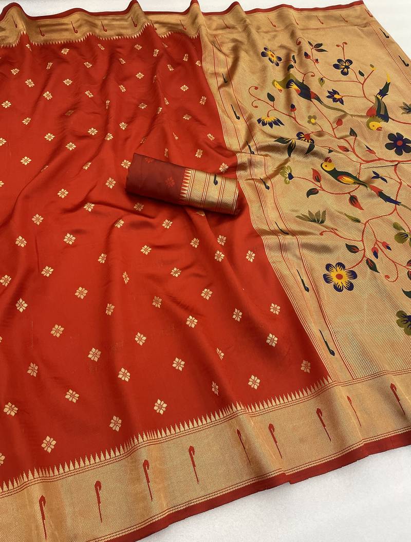red silk blend banarasi jacuard work festive saree with unstitched blouse piece