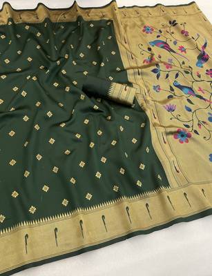 green  silk blend banarasi jacuard work festive saree with unstitched blouse piece 1