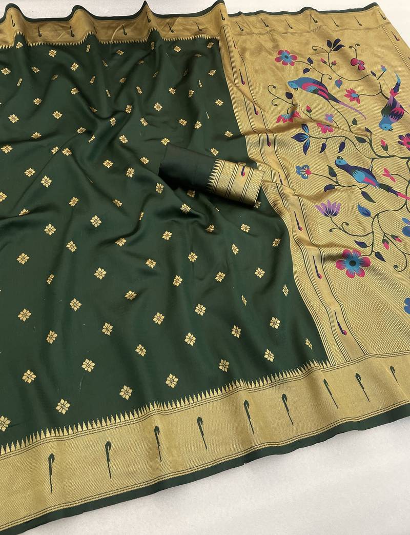green  silk blend banarasi jacuard work festive saree with unstitched blouse piece