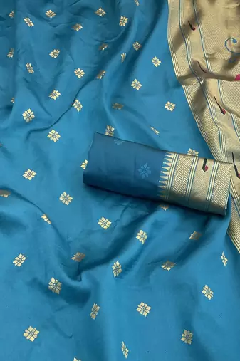 firozi silk blend banarasi jacuard work festive saree with unstitched blouse piece