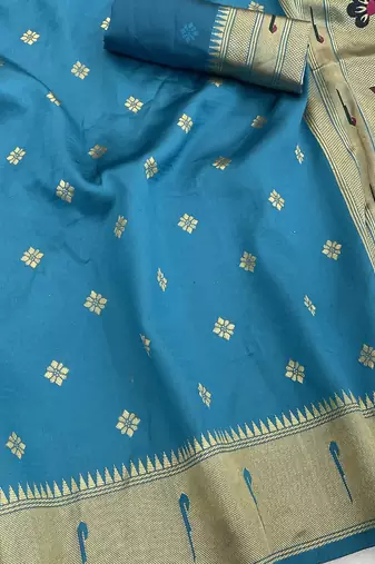 firozi silk blend banarasi jacuard work festive saree with unstitched blouse piece