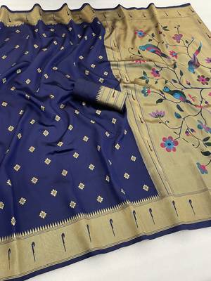 blue silk blend banarasi jacuard work festive saree with unstitched blouse piece 1