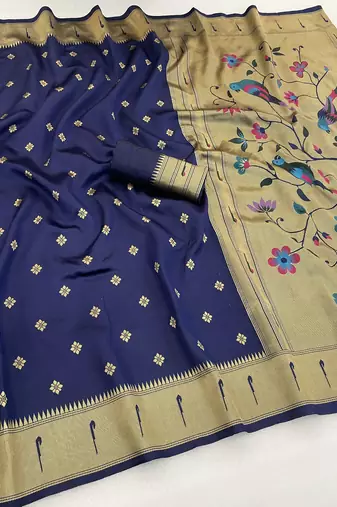 blue silk blend banarasi jacuard work festive saree with unstitched blouse piece