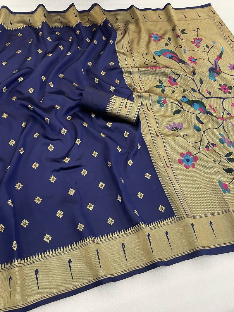 blue silk blend banarasi jacuard work festive saree with unstitched blouse piece