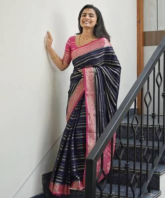 navy blue pink silk blend banarasi jacuard work festive saree with unstitched blouse piece 2