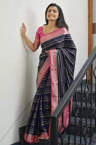 navy blue pink silk blend banarasi jacuard work festive saree with unstitched blouse piece