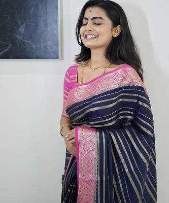navy blue pink silk blend banarasi jacuard work festive saree with unstitched blouse piece 3