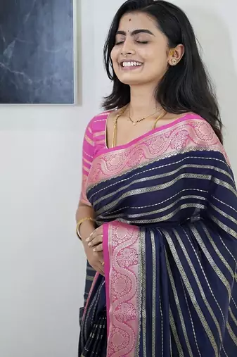 navy blue pink silk blend banarasi jacuard work festive saree with unstitched blouse piece