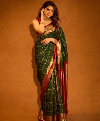 green maroon silk blend banarasi jacuard work festive saree with unstitched blouse piece 1