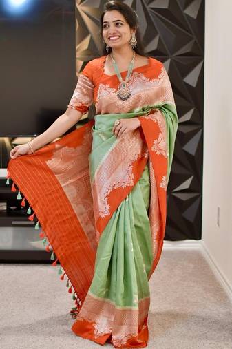 pista orange silk blend banarasi jacuard work festive saree with unstitched blouse piece