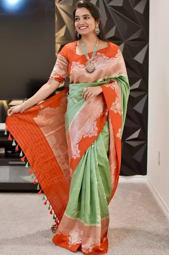 pista orange silk blend banarasi jacuard work festive saree with unstitched blouse piece