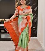 pista orange silk blend banarasi jacuard work festive saree with unstitched blouse piece
