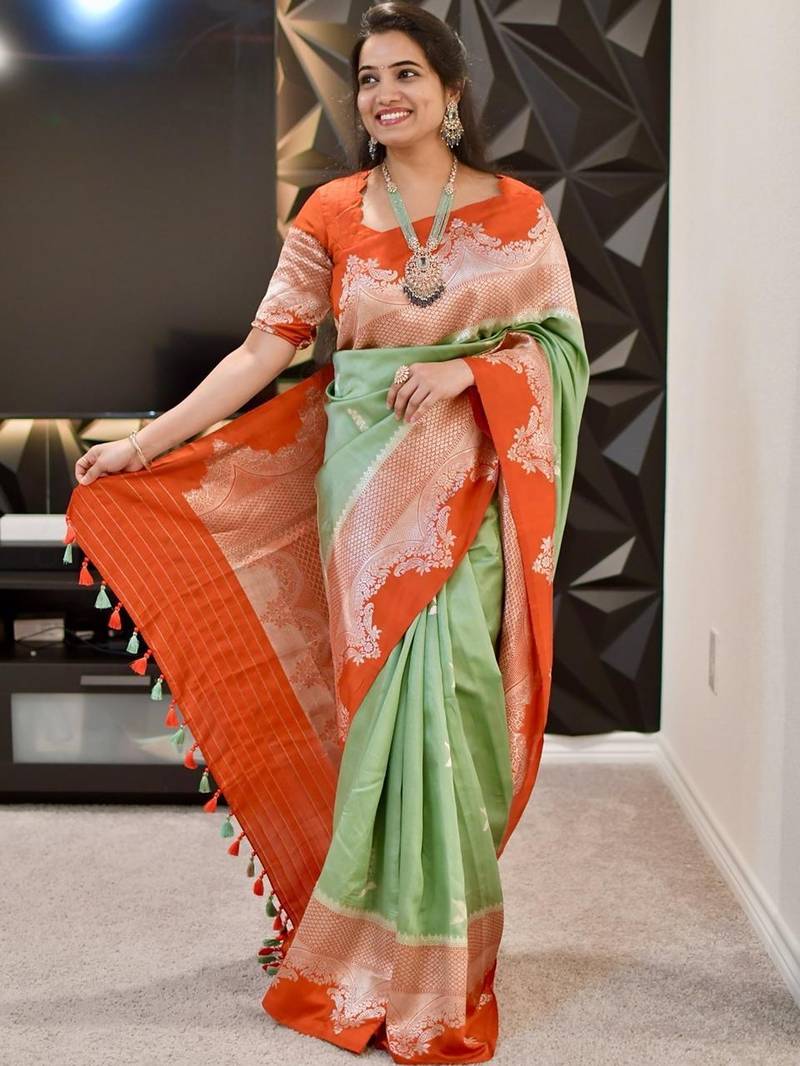 pista orange silk blend banarasi jacuard work festive saree with unstitched blouse piece