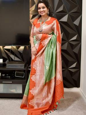 pista orange silk blend banarasi jacuard work festive saree with unstitched blouse piece 2